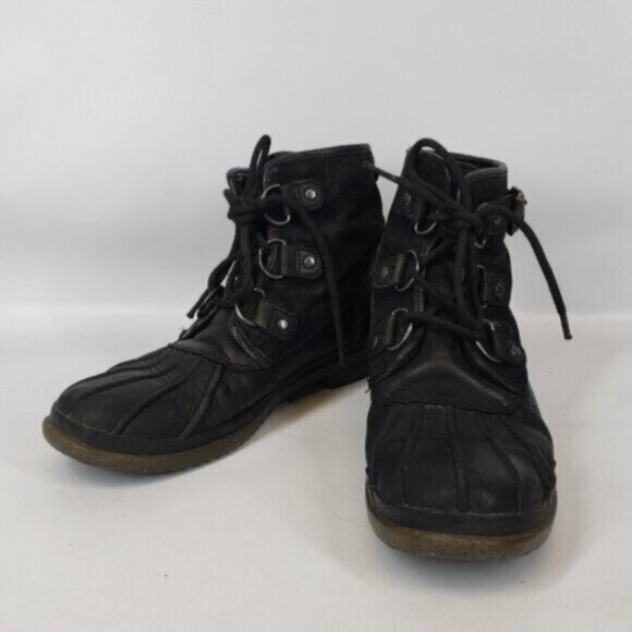 Ugg Cecile Leather Waterproof Ankle Boot Lace Up Black - Picture 2 of 14